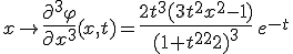 3$x\to{4$\fr{\partial^3 \varphi}{\partial x^3}}(x,t)={4$\fr{2t^3(3t^2x^2-1)}{(1+t^2x^2)^3}}\, e^{-t}